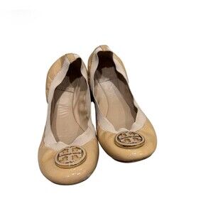Tory Burch Caroline Ballet Flats Womens 8 Nude Patent Leather Gold Logo
